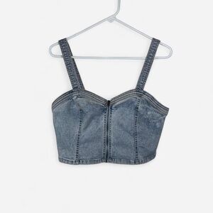 Wild Fable Denim Corset Crop Top Size L Y2K Front Zip Smocked Back